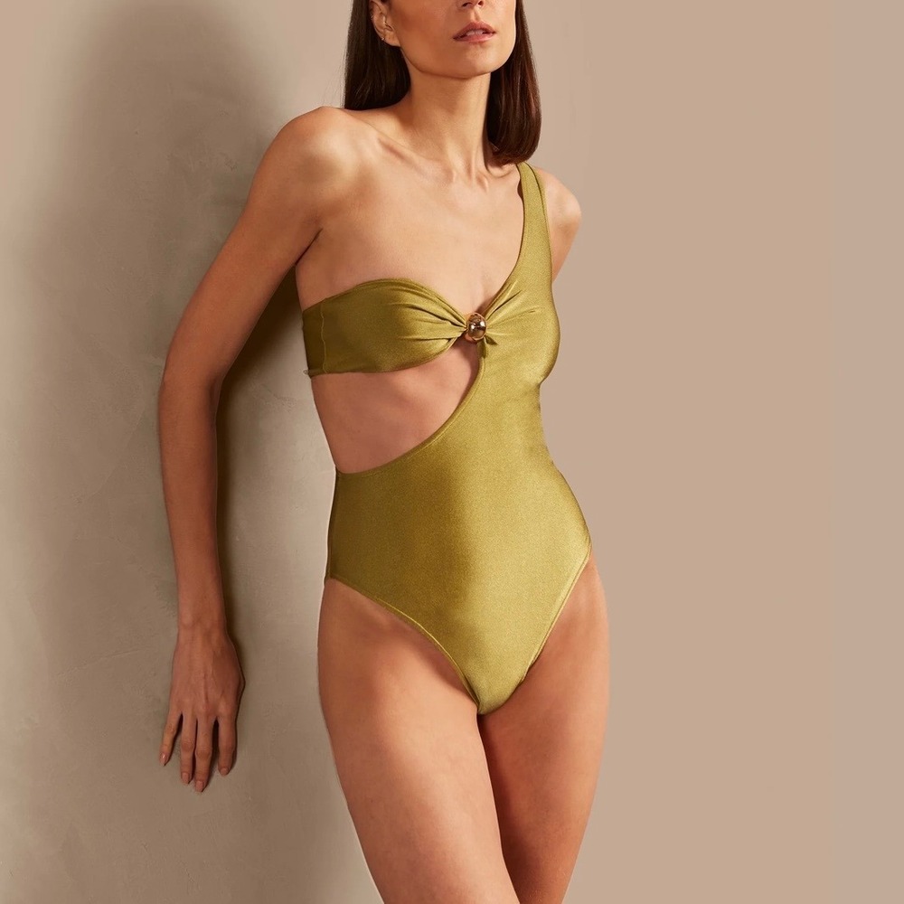 Adriana Degreas One-Shoulder Cutout Swimsuit Pistachio Green Metallic Small New